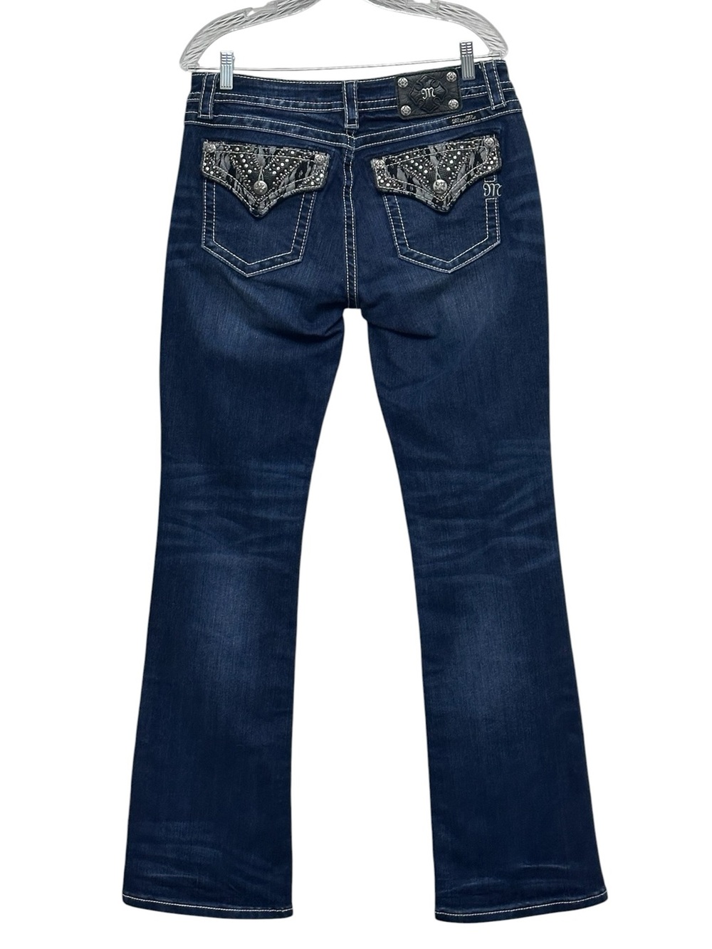 Miss Me Mid Rise Bootcut Jeans Embellished Studded Black Lace Flap Pockets SZ 31